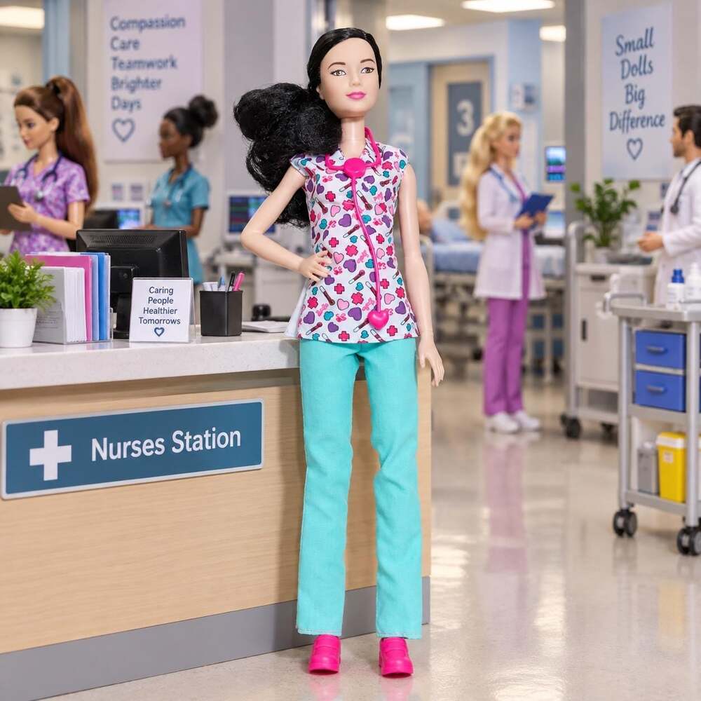2015 Barbie Careers Nurse Doll Brunette Scrubs Stethoscope Pink Shoes Mattel